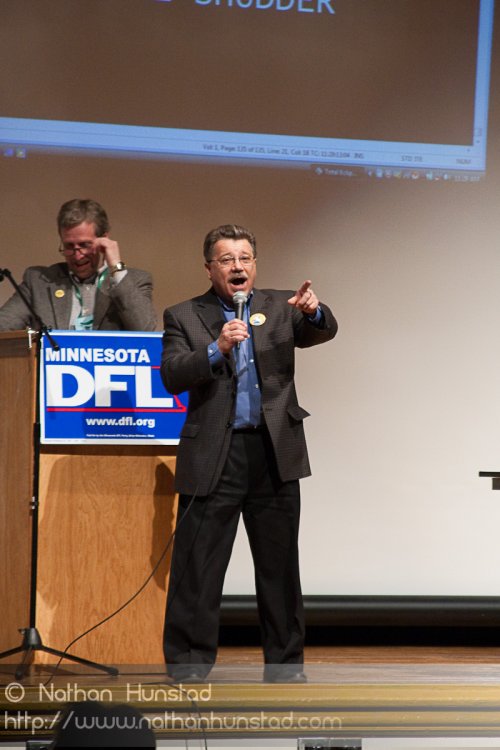Representative Tom Rukavina, candidate for governor, speaks to t